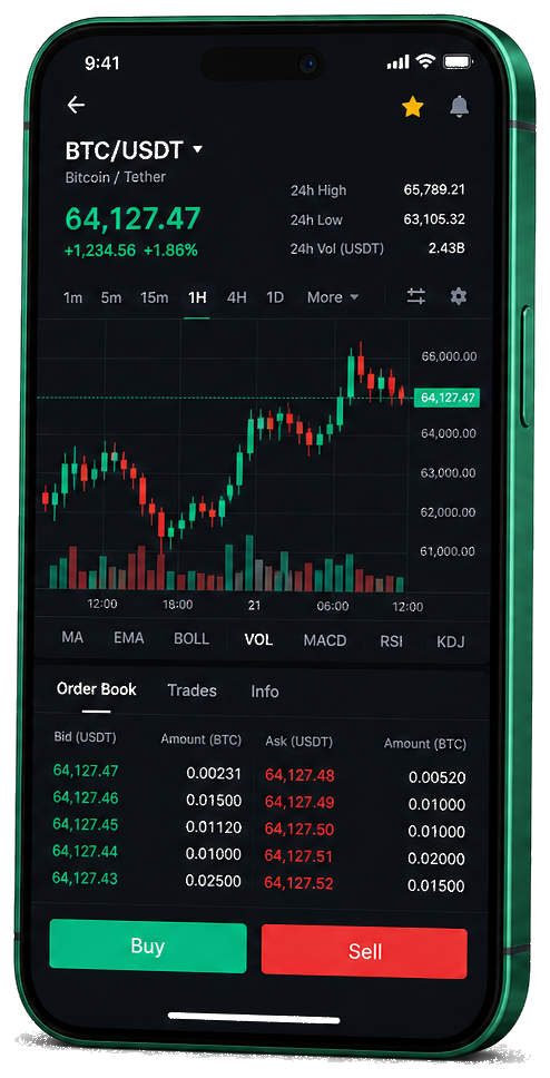 Mining AI mobile trading platform — live BTC/USDT chart, order book and buy/sell interface
